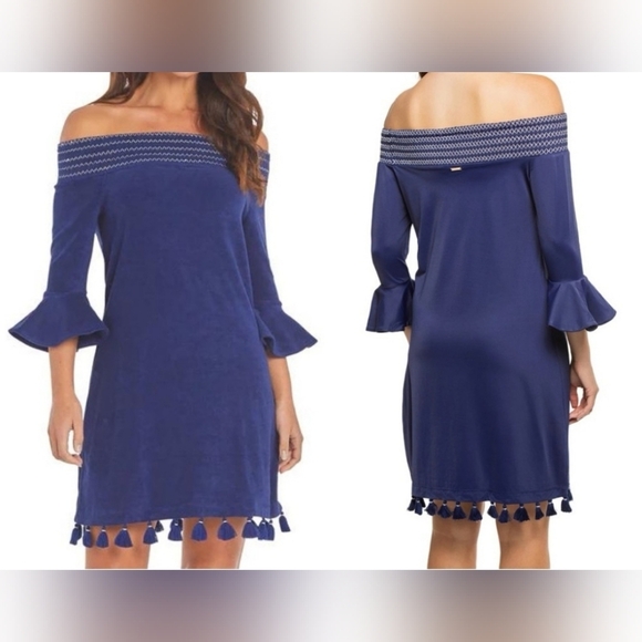 NWOT Cabana Life Navy Terry Off the Shoulder Dress Mini Tassel ,Small - Picture 3 of 6